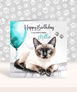 personalised cute siamese cat face happy birthday card