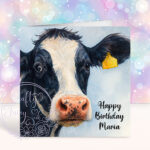 personalised black white friesian dairy cow birthday card