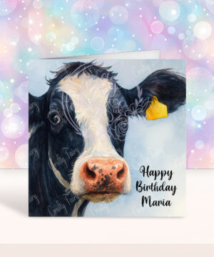 personalised black white friesian dairy cow birthday card