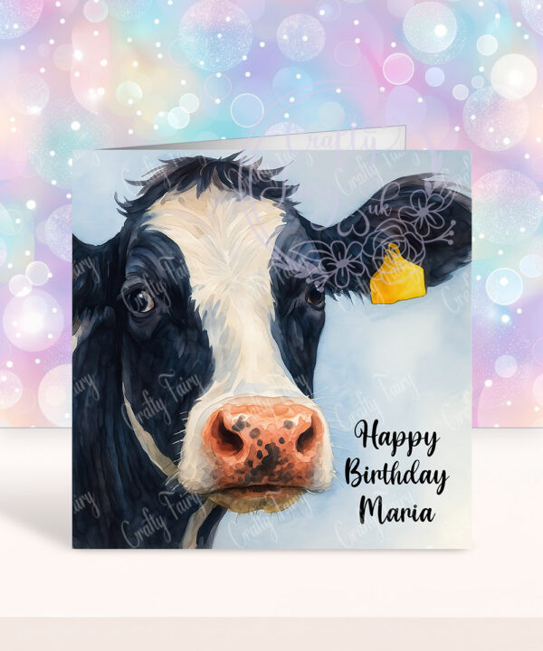 personalised black white friesian dairy cow birthday card