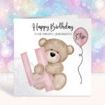 personalised cute bear & pink number girl's 1st 2nd 3rd 4th 5th birthday card