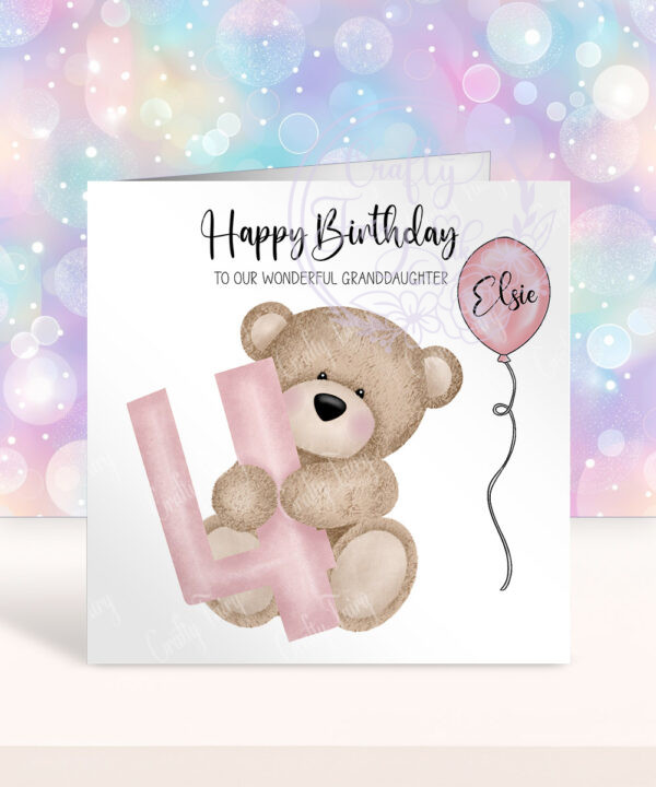personalised cute bear & pink number girl's 1st 2nd 3rd 4th 5th birthday card