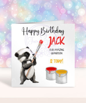 personalised woodland badger painting happy birthday card