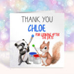 personalised woodland badger & squirrel painting thank you card