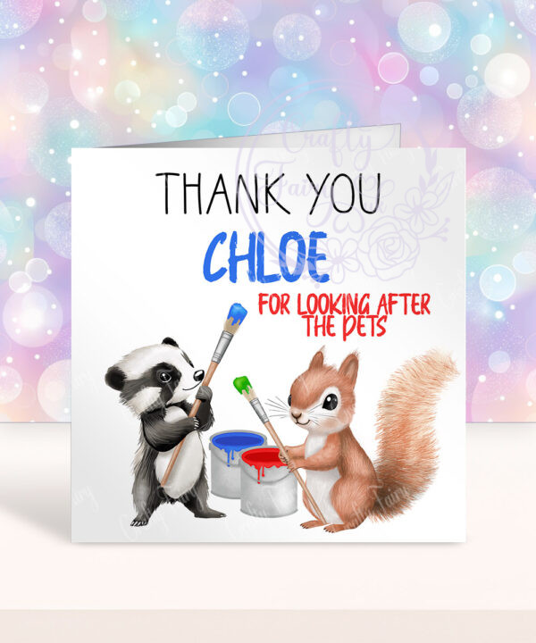 personalised woodland badger & squirrel painting thank you card