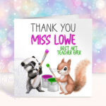 personalised woodland badger & squirrel painting thank you card