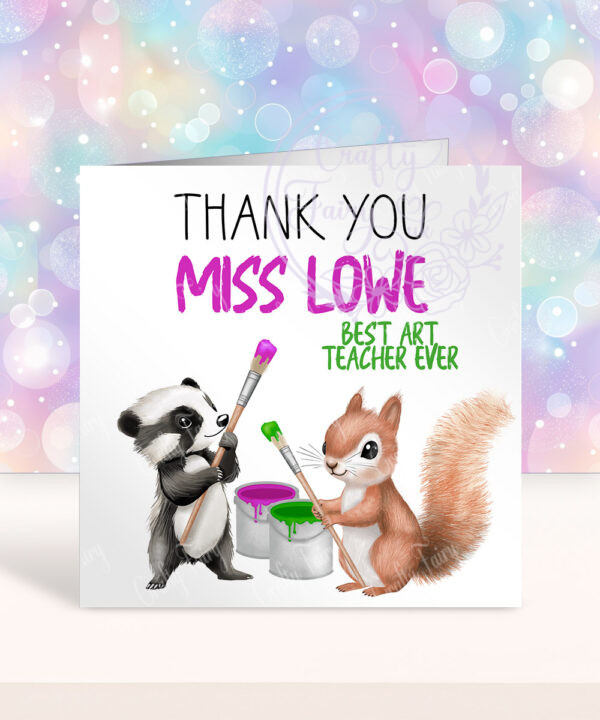 personalised woodland badger & squirrel painting thank you card