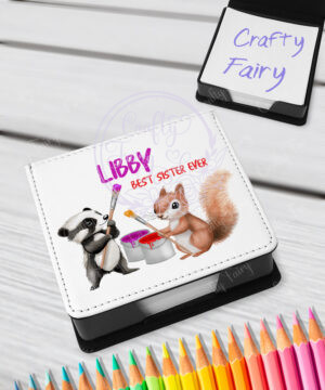 personalised woodland badger & squirrel painting memo note holder thank you gift
