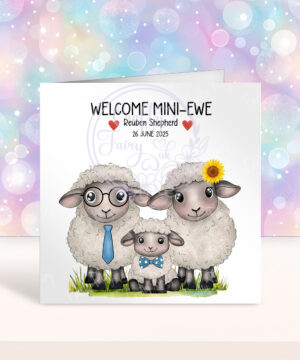 personalised sheep welcome mini ewe baby boy or girl card