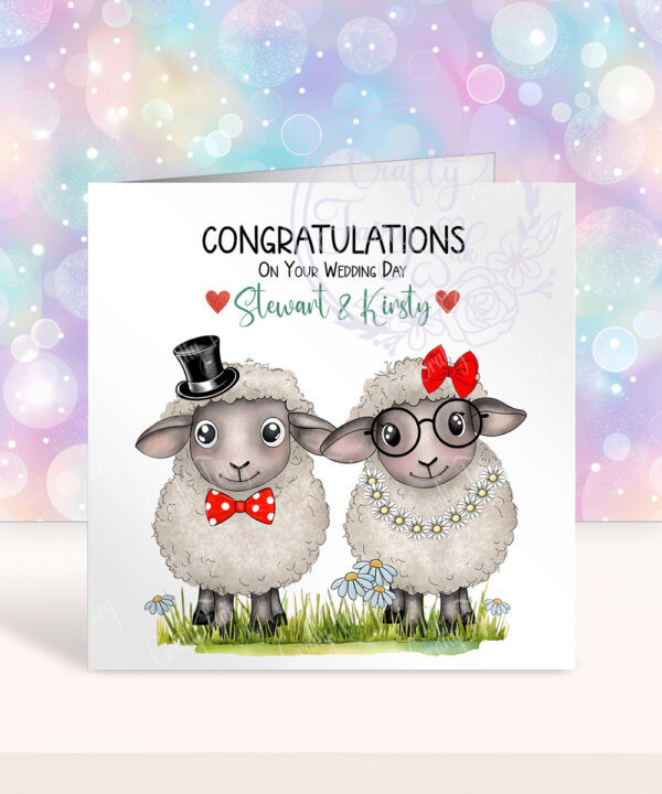 personalised sheep congratulations on your wedding day card