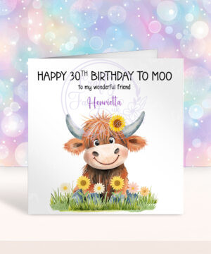 personalised highland cow happy birthday to moo card