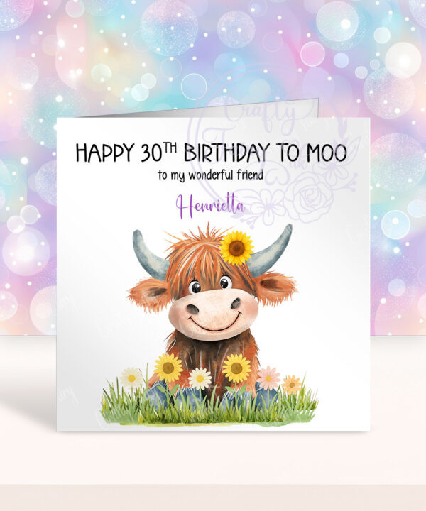 personalised highland cow happy birthday to moo card