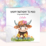 personalised highland cow happy birthday to moo card