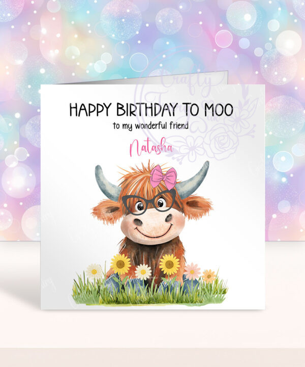 personalised highland cow happy birthday to moo card