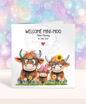 personalised highland cows welcome mini moo baby boy or girl card