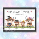 personalised highland cows family portrait scene printed a5 or a4 image