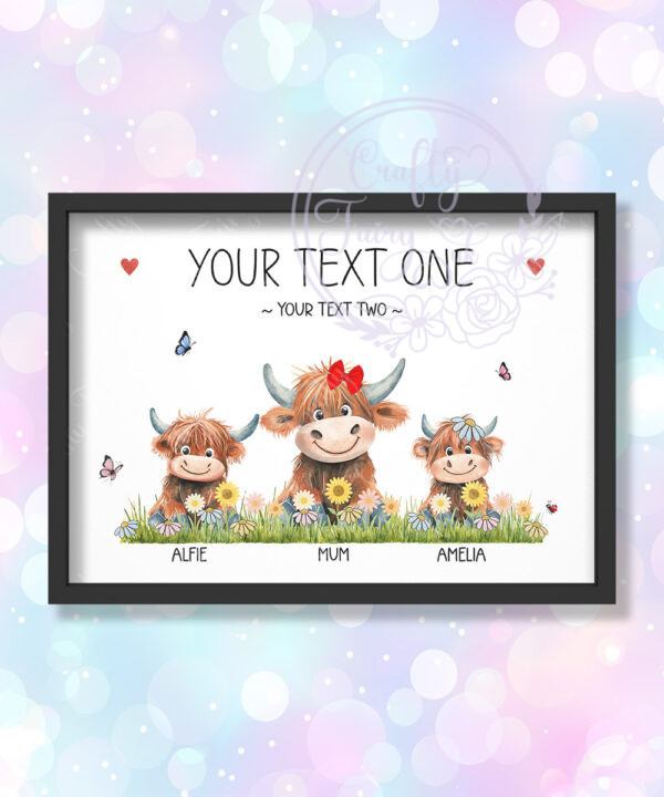 personalised highland cows family portrait scene printed a5 or a4 image