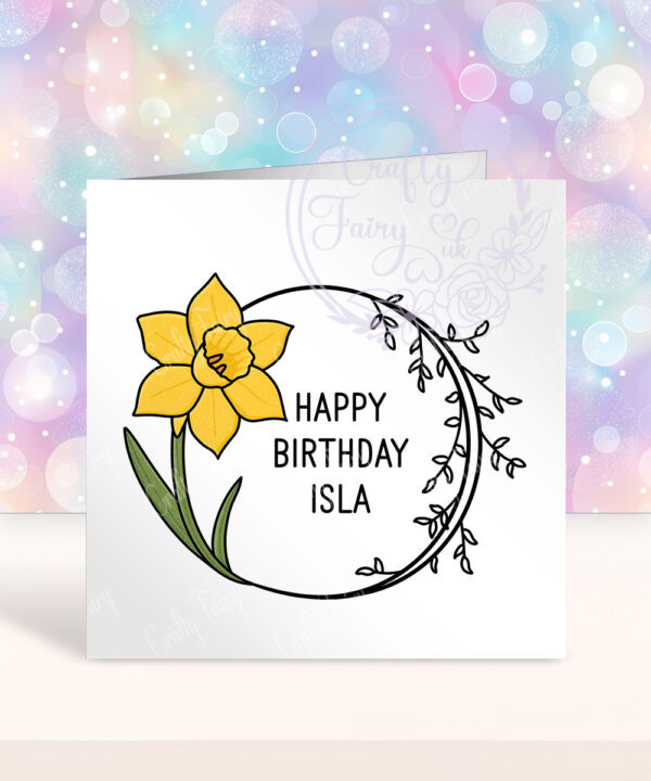 personalised march birth flower daffodil greetings card
