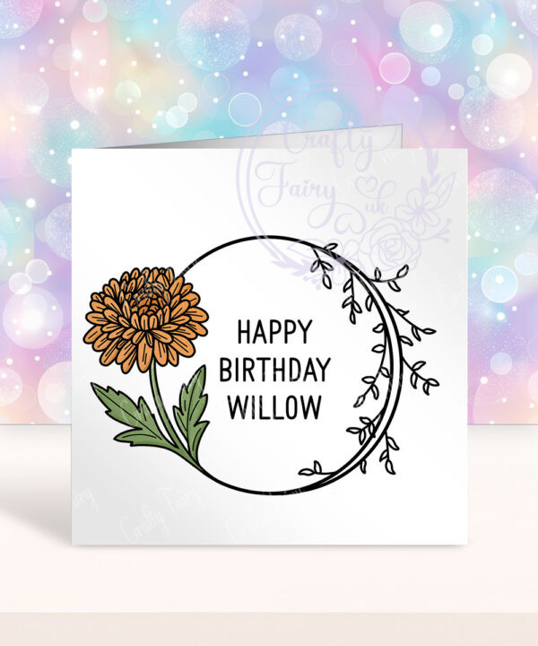 personalised november birth flower orange chrysanthemum greetings card