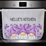 personalised gonks with purple roses waffle tea towel