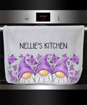 personalised gonks with purple roses waffle tea towel
