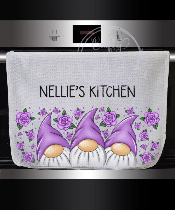 personalised gonks with purple roses waffle tea towel
