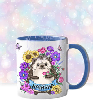 personalised hedgehog with sunflowers & purple flowers mug gift