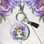 personalised hedgehog with sunflowers & purple flowers keyring / bag tag