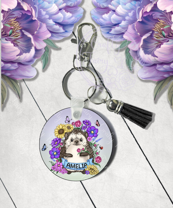 personalised hedgehog with sunflowers & purple flowers keyring / bag tag
