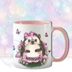 personalised hedgehog with pink mushrooms mug gift
