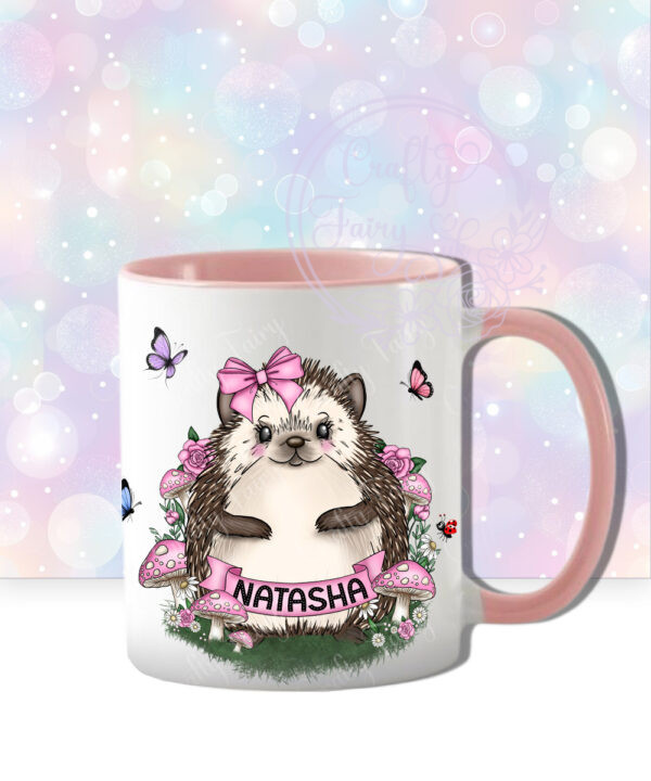 personalised hedgehog with pink mushrooms mug gift