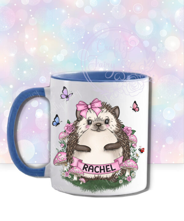 personalised hedgehog with pink mushrooms mug gift
