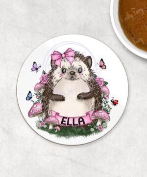 personalised hedgehog with pink mushrooms coaster gift