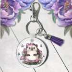 personalised hedgehog with pink mushrooms mdf keyring / bag tag