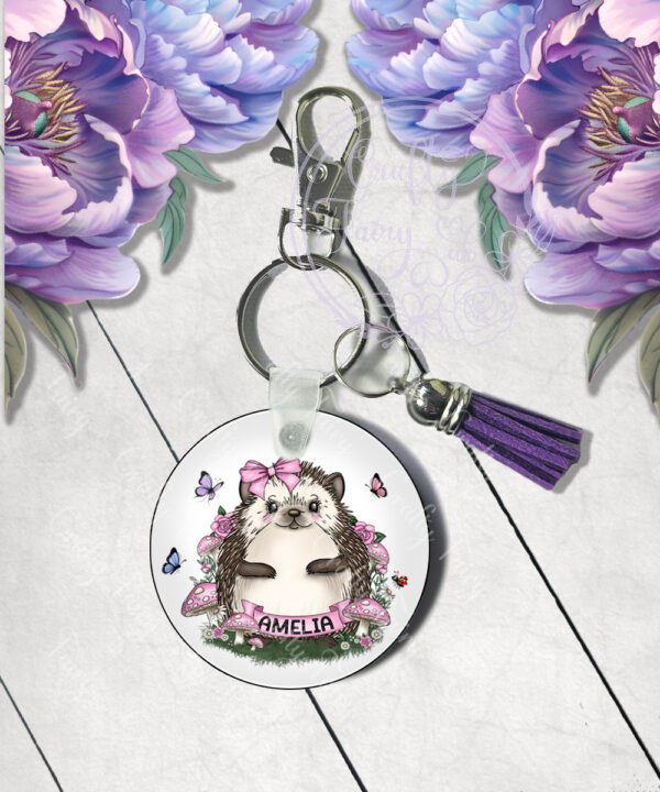 personalised hedgehog with pink mushrooms mdf keyring / bag tag