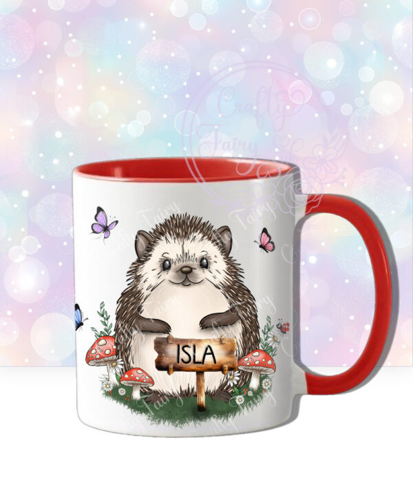 personalised hedgehog with red mushrooms mug gift