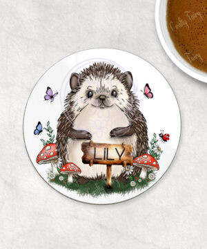personalised hedgehog with red mushrooms coaster gift