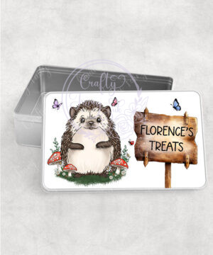 personalised hedgehog with red mushrooms medium tin