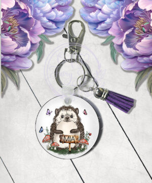 personalised hedgehog with red mushrooms mdf keyring / bag tag