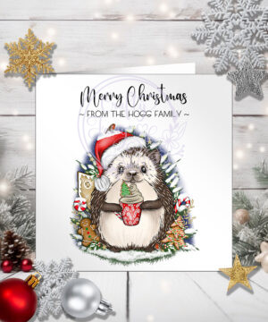 personalised christmas hedgehog with hot chocolate xmas card