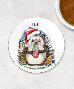 personalised christmas hedgehog with hot chocolate coaster gift