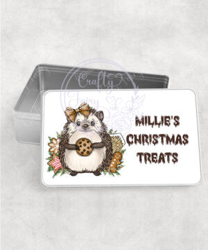 personalised christmas hedgehog with chocolate cookie medium tin