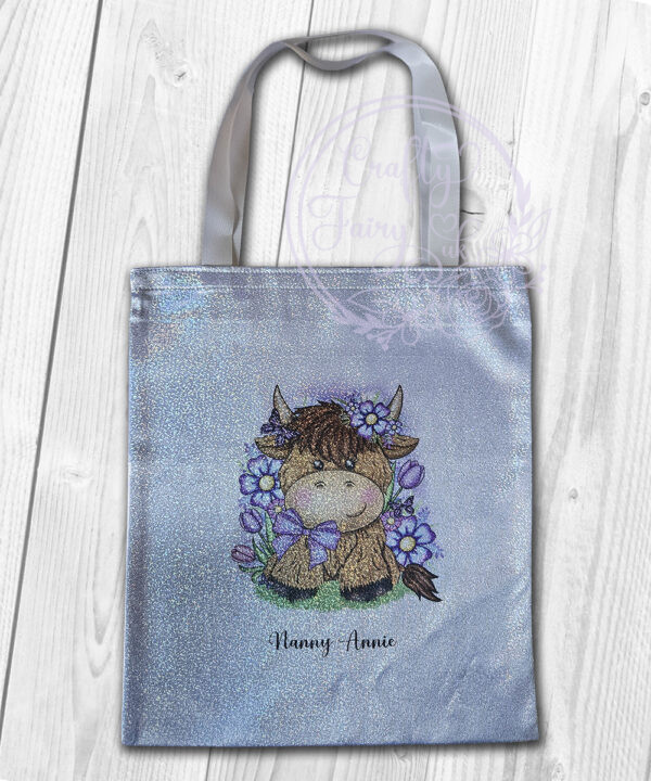 personalised highland cow with purple flowers holographic tote bag