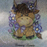 personalised highland cow with purple flowers holographic tote bag