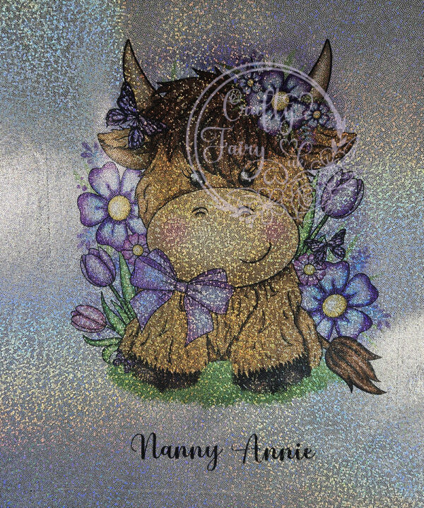 personalised highland cow with purple flowers holographic tote bag