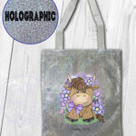 personalised highland cow with purple flowers holographic tote bag