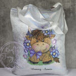 personalised highland cow with purple flowers holographic tote bag