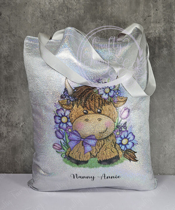 personalised highland cow with purple flowers holographic tote bag