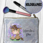 personalised highland cow with purple flowers holographic pouch