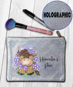 personalised highland cow with purple flowers holographic pouch